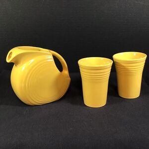Fiesta Ware Syrup Juice Mini Disc Pitcher Fiestaware Tumblers Cups Yellow